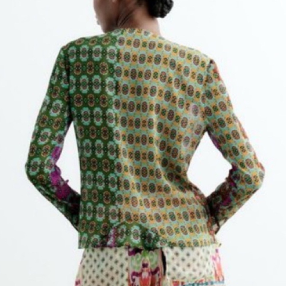 Zara Multicolor Boho Patchwork Blouse NWT size XL  with bow & beaded detail - Picture 16 of 16